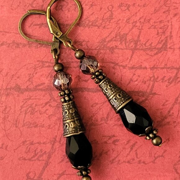 Black Smokey Crystal Teardrop Earrings, Etched Bronze Cone Lever Back Ear wires - Picture 7 of 8